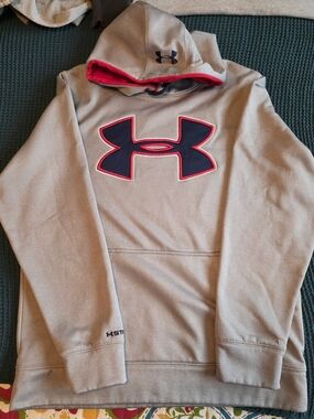 Storm Gray Puffer Hoodie with Navy and Red Logo